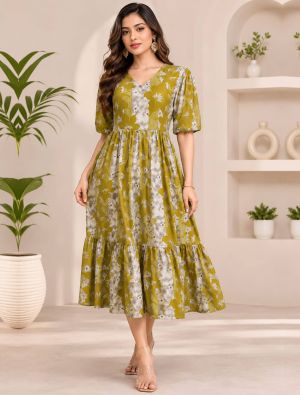 olive and grey rayon fit and flare tiered midi dress fabku21293