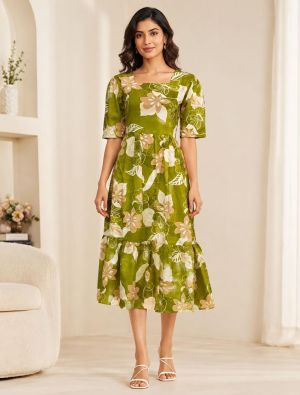 olive green cotton blend fit and flare tiered midi dress fabku21286