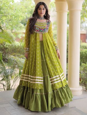 Olive Green Cotton Ready To Wear Lehenga With Georgette Blouse FABLE20625