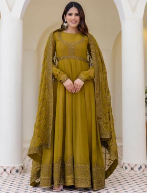 olive green georgette embroidered anarkali gown with dupatta fabgo20449