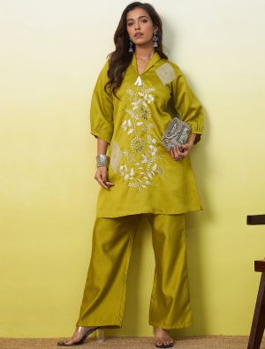 olive green viscose rayon embroidered co ord set fabku21310