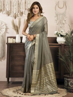 Olive Grey Khadi Cotton Saree With Zari FABSA23134