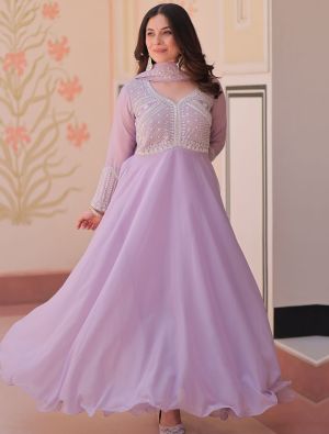 pastel lavender star georgette anarkali gown with dupatta fabgo20447