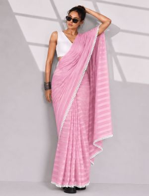 Pastel Pink Chiffon Ready To Wear Saree With Unstitched Blouse FABSA23126