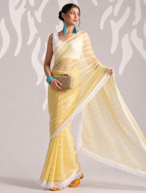 Pastel Yellow Chiffon Ready To Wear Saree With Unstitched Blouse FABSA23130