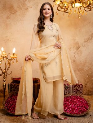 Pastel Yellow Crunchy Silk Embroidered Ready To Wear Salwar Kameez swatch FABSL22572