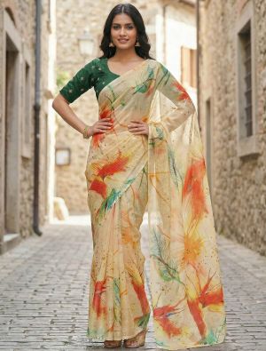 Pastel Yellow Organza Digital Print Saree With Embroidered Blouse Piece FABSA23036
