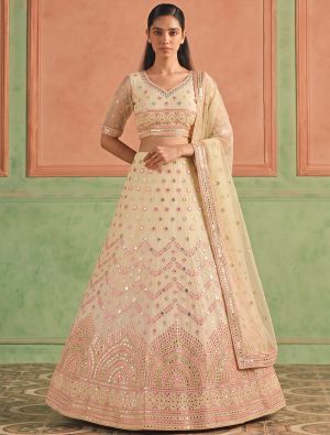 Pastel Yellow Organza Embroidered Lehenga Choli With Foil Mirror Work FABLE20632