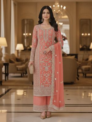 Peach Butterfly Net Semi Stitched Salwar Kameez FABSL22512