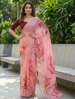Peach Pink Organza Digital Print Saree With Embroidered Blouse Piece FABSA23033