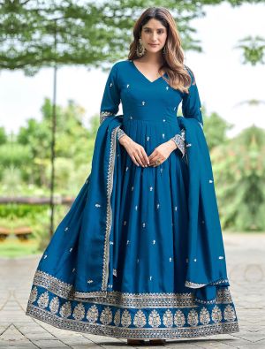 peacock blue art silk embroidered anarkali gown with dupatta fabgo20458