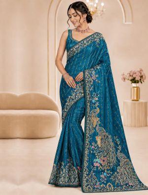 Peacock Blue Satin Saree With Multicolour Motifs and Swarovski Work FABSA23149