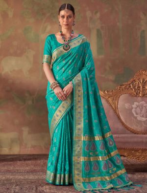 Peacock Green Banarasi Soft Art Silk Saree With Jacquard Weaving FABSA23054