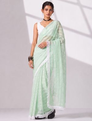 Pista Green Chiffon Ready To Wear Saree With Unstitched Blouse FABSA23132