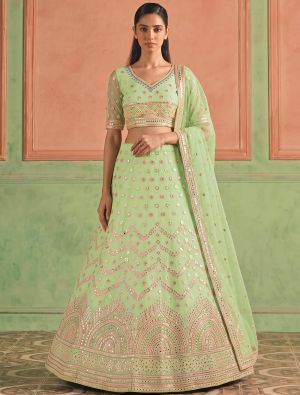 Pista Green Organza Embroidered Lehenga Choli With Foil Mirror Work FABLE20633