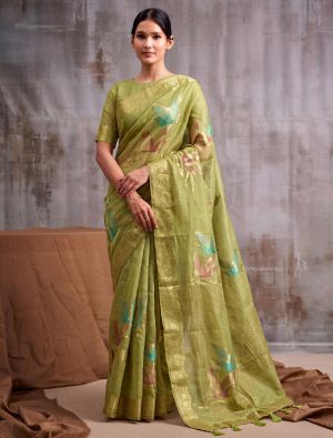 Pistachio Green Linen Cotton Saree With Antique Zari Work FABSA23098