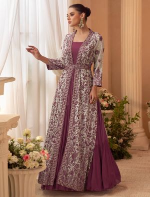 Plum Purple Chinon Ready To Wear Anarkali Dress With Front Open Jacket FABSL22526