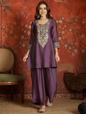 Plum Purple Embroidered Silk Blend Ready To Wear Salwar Kameez FABSL22593