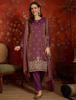 Plum Purple Silk Blend Embroidered Ready To Wear Salwar Kameez FABSL22606