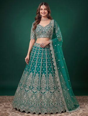 Rama Green Net Zari Embroidered Wedding Lehenga FABLE20606