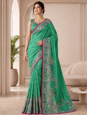 Rama Green Satin Saree With Multicolour Motifs and Swarovski Work FABSA23147