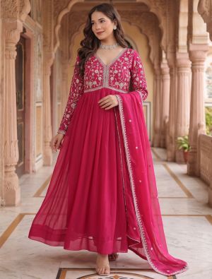 rani pink georgette pleated flared gown with dupatta fabgo20453
