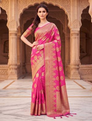 Rani Pink Viscose Silk Saree With Woven Zari Work FABSA23045