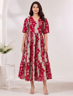 red and grey rayon fit and flare tiered midi dress fabku21294
