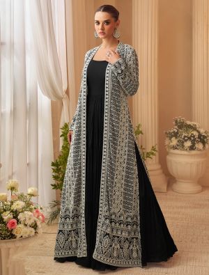 Rich Black Chinon Ready To Wear Anarkali Dress With Front Open Jacket FABSL22529