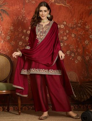 Rich Maroon Embroidered Silk Blend Ready To Wear Salwar Kameez FABSL22589