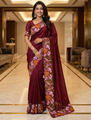 Rich Maroon Manipuri Silk Embroidered Saree FABSA23106