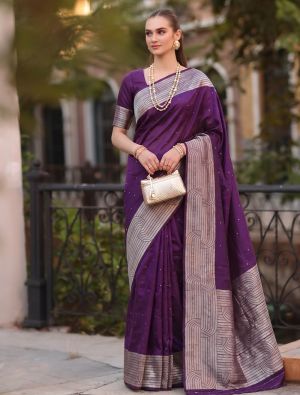 Rich Purple Cotton Blend Saree With Woven Zari Work FABSA23041