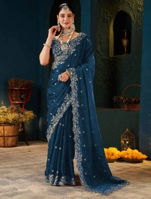 Rich Teal Blue Fendy Satin Embroidered Saree With Stitched Blouse FABSA23012