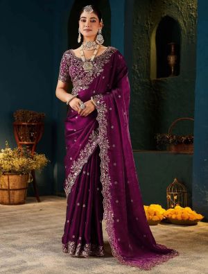 Rich Wine Fendy Satin Embroidered Saree With Stitched Blouse FABSA23015