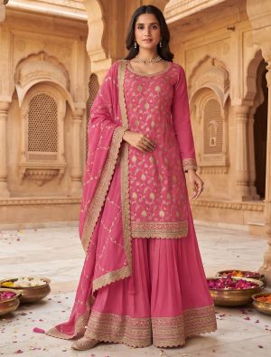 Rose Pink Chinon Free Size Ready To Wear Palazzo Suit FABSL22549