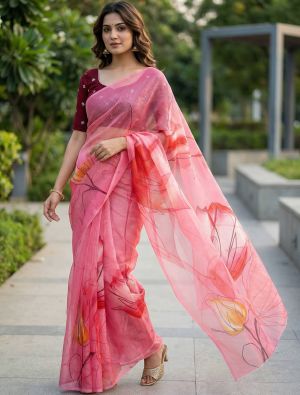 Rose Pink Organza Digital Print Saree With Embroidered Blouse Piece FABSA23034