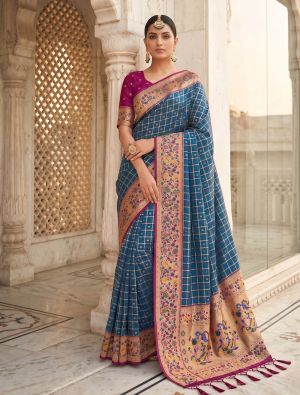 Royal Blue Banarasi Art Silk Saree With Golden Zari Work FABSA22975