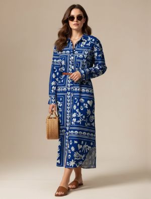 royal blue muslin printed maxi dress fabku21268