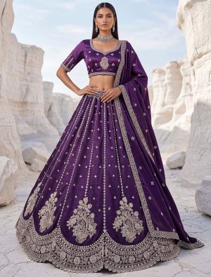 Royal Purple Satin Silk Wedding Lehenga with Intricate Embroidery FABLE20590