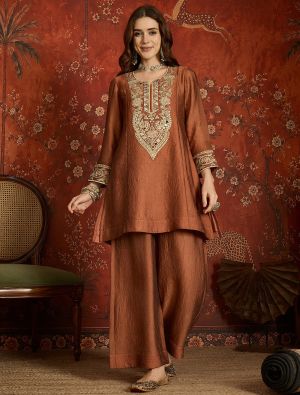 Rust Brown Embroidered Silk Blend Ready To Wear Salwar Kameez FABSL22592