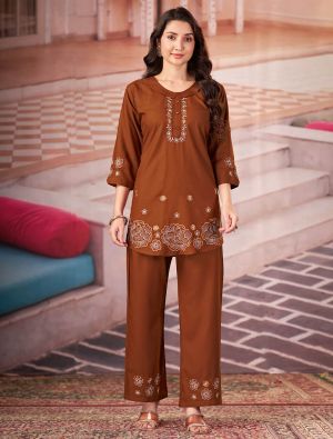 rust brown rayon embroidered co ord set with handwork fabku21327
