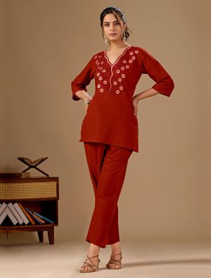 rust red cotton flex embroidered co ord set fabku21315