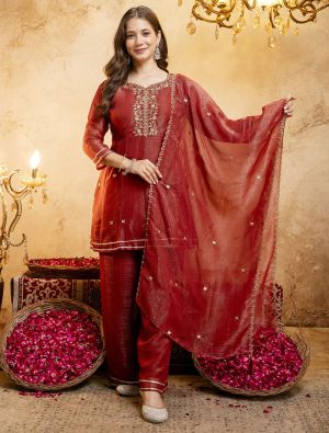 Rust Red Crunchy Silk Embroidered Ready To Wear Salwar Kameez swatch FABSL22569