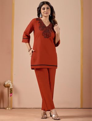 rusty red cotton flex embroidered co ord set fabku21317