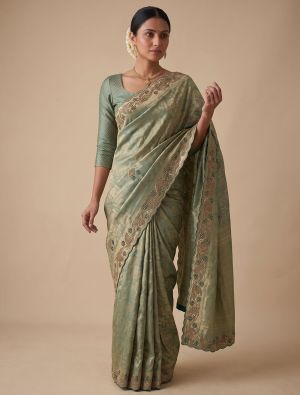 Sage Green Banarasi Silk Embroidered Saree FABSA23067