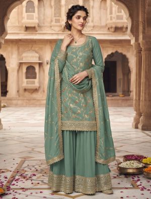 Sage Green Chinon Free Size Ready To Wear Palazzo Suit FABSL22546