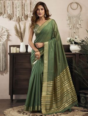 Sage Green Khadi Cotton Saree With Zari FABSA23139