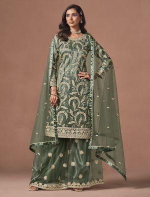 Sage Green Net Zari Embroidered Semi Stitched Palazzo Suit FABSL22558