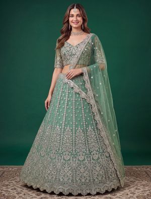 Sage Green Net Zari Embroidered Wedding Lehenga FABLE20604