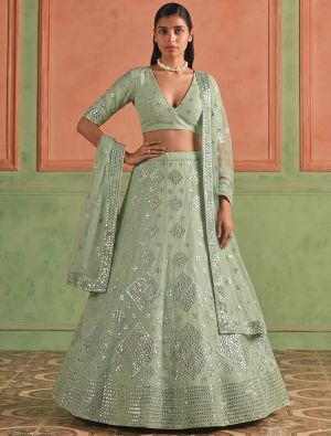 Sage Green Organza Embroidered Lehenga Choli With Foil Mirror Work FABLE20634